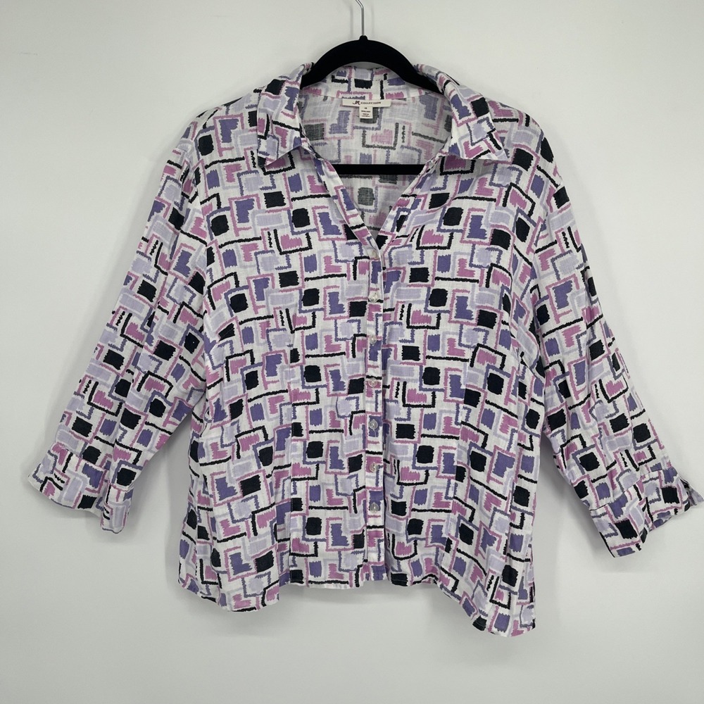 JM Collection Women's 100% Linen Shirt Size 14 Purple Relaxed Fit Coastal EUC